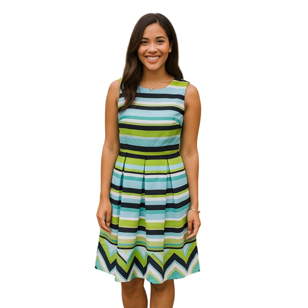 Sandra Darren SIZE 10 Dress Fit &‎ Flare Zip Back Blue White Green Shift